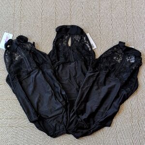 New Set of 3 Black Lace Halter Cami Ballet Dance Leotard Bodysuit Sz Large